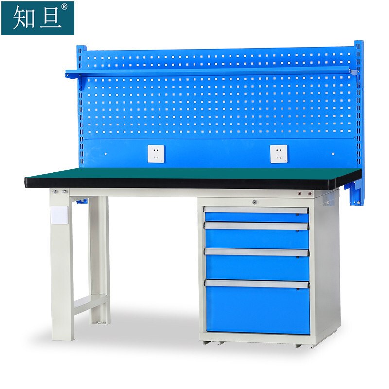 知旦重型工作台1200*750*800+620mm维修网桌钳工工作台690025四抽柜带挂板棚板 装配工作台/张