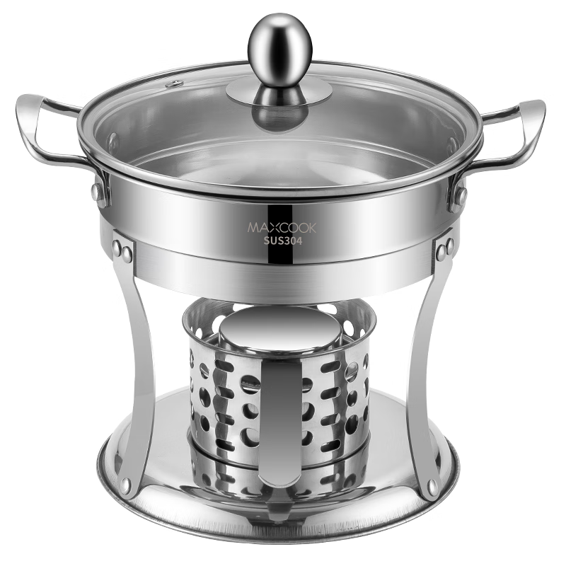 美厨（maxcook）304不锈钢火锅 酒精炉小火锅干锅固液体通用 配火锅勺16cm MCT762 304不锈钢火锅/套