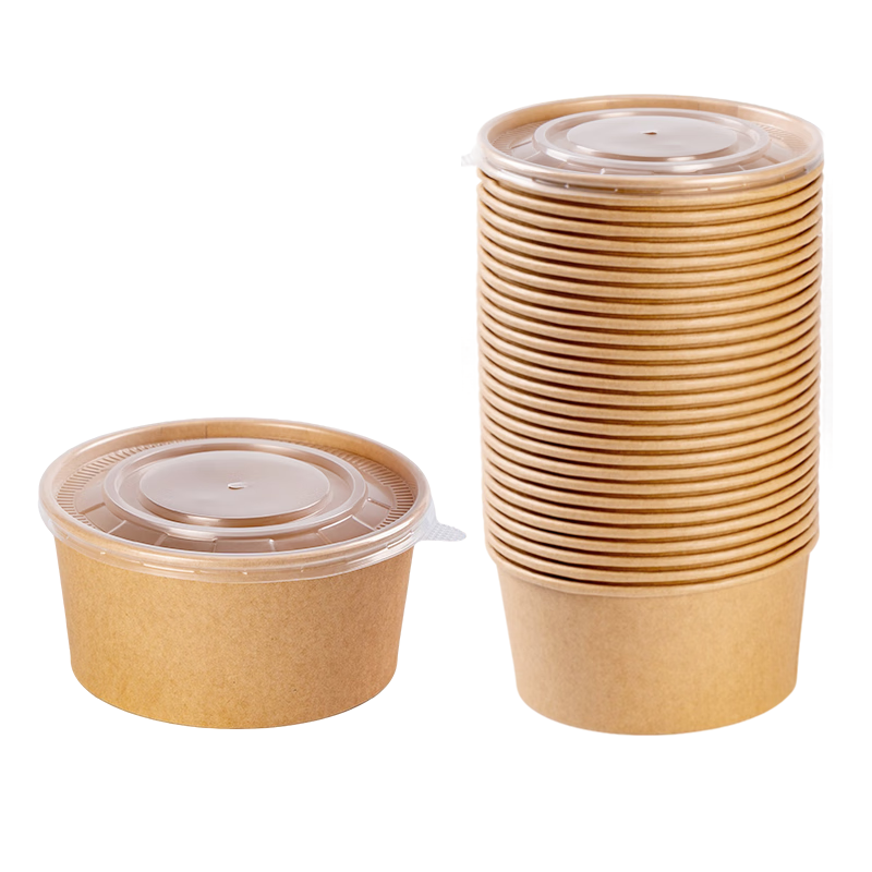 特美居（temeiju）一次性饭盒带盖1000型20套 食品级野餐盒圆形牛皮纸碗外卖打包盒 一次性牛皮纸餐盒/箱