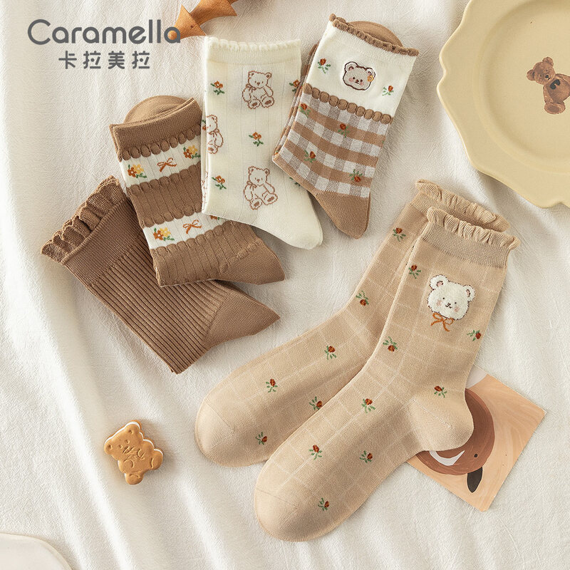 caramella25年秋冬季森系少女中筒袜新疆棉袜舒适可爱动物花卉女生袜子 512785/组