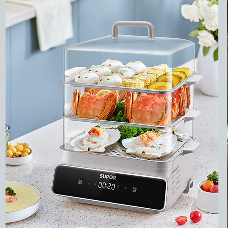 苏泊尔电蒸锅15.7L大容量家用多功能电蒸笼三层分体式可拆洗智能预约定时蒸锅带蒸盘蒸包子锅ZN26FC32 ZN26FC32/个