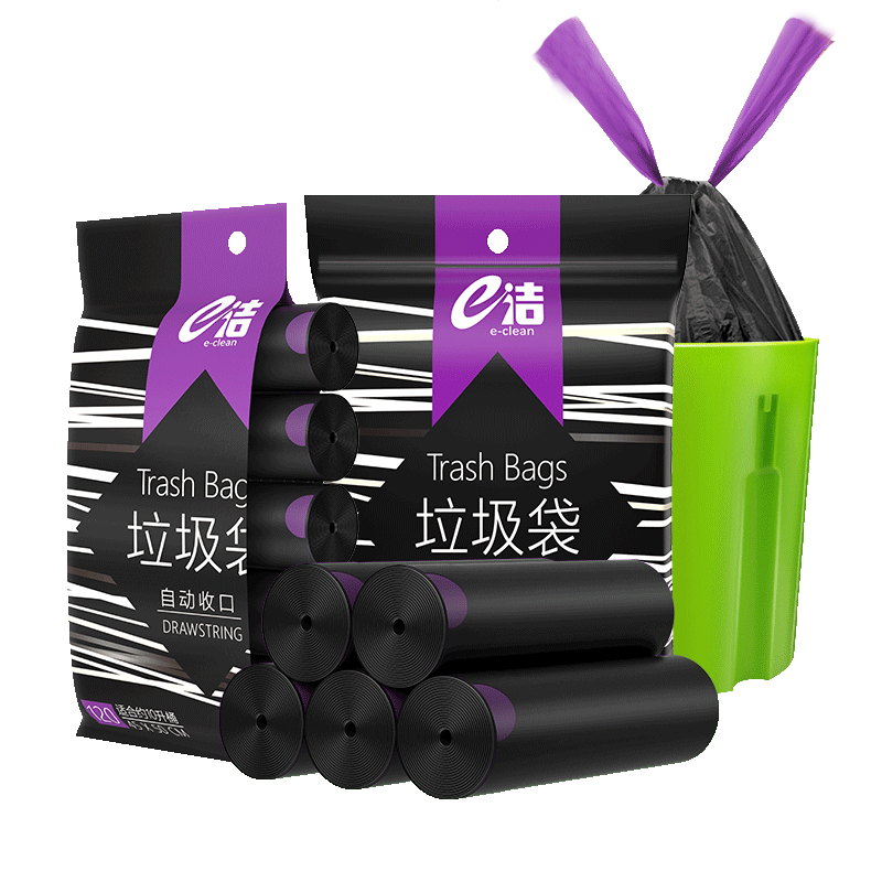 e洁抽绳垃圾袋抽绳加厚黑色45*50cm*120只1.3丝单面家用手提穿绳免撕 DT134550-120/包