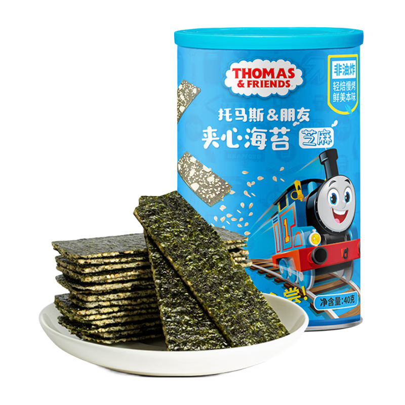 小火车（THOMAS & FRIENDS） 海苔夹心脆芝麻味 儿童宝宝零食休闲酥脆夹心即食紫菜40g 小火车THOMAS & FRIENDS 托马斯夹心海苔脆 宝宝零食儿童罐装即食紫菜小孩休闲网红小吃 芝麻夹心海苔40g/罐
